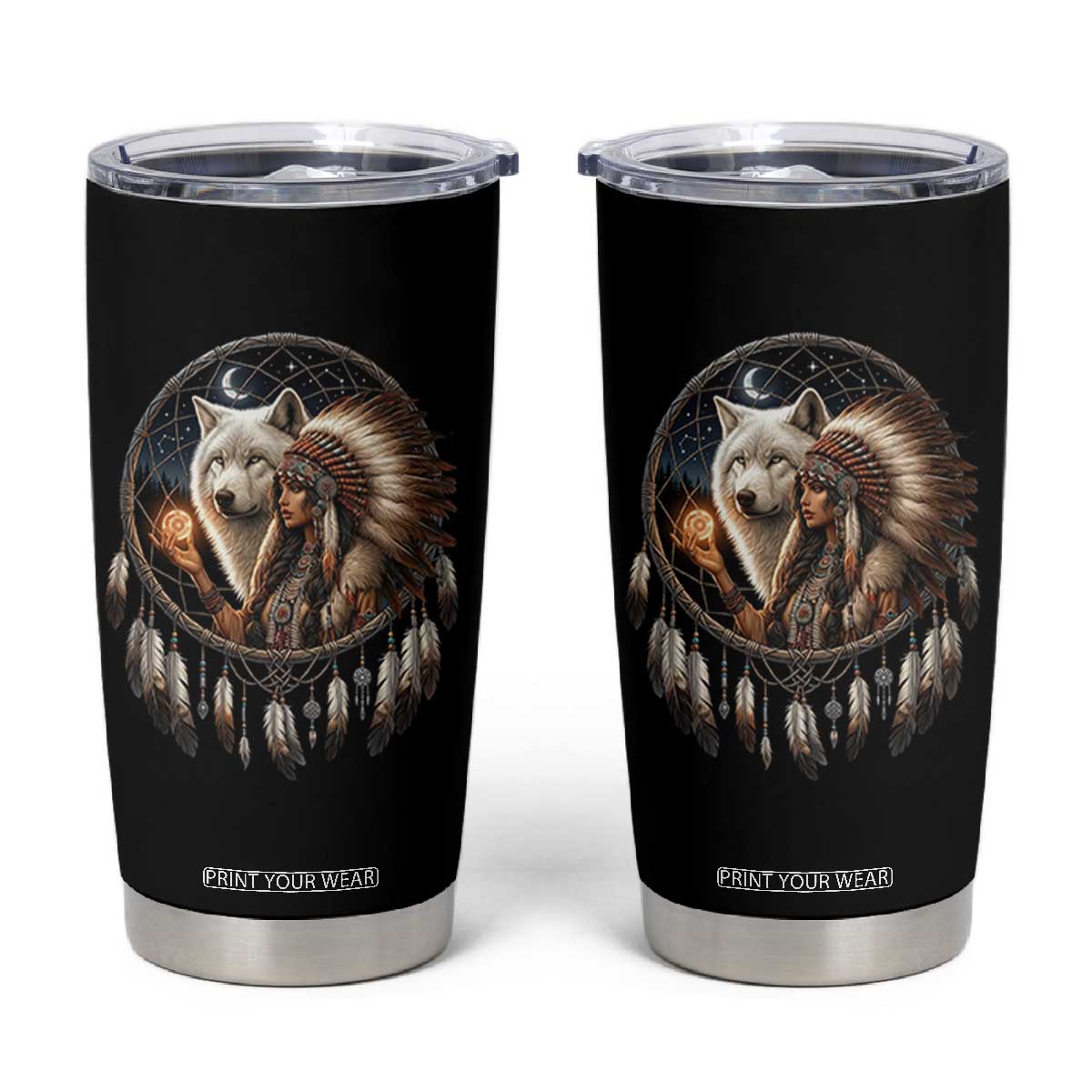 Vintage Native American Woman With White Wolf Graphic Tumbler Cup TS12 Black Print Your Wear