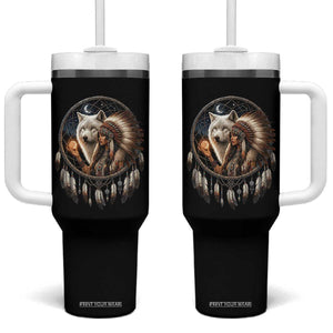 Vintage Native American Woman With White Wolf Graphic Tumbler With Handle TS12 One Size: 40 oz Black Print Your Wear