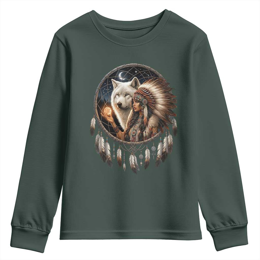 Vintage Native American Woman With White Wolf Graphic Youth Sweatshirt TS12 Dark Forest Green Print Your Wear