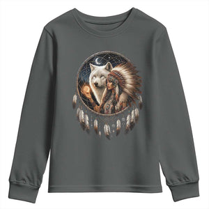 Vintage Native American Woman With White Wolf Graphic Youth Sweatshirt TS12 Dark Heather Print Your Wear