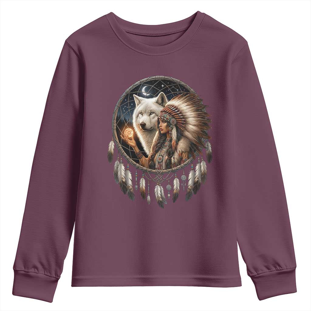 Vintage Native American Woman With White Wolf Graphic Youth Sweatshirt TS12 Maroon Print Your Wear