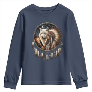 Vintage Native American Woman With White Wolf Graphic Youth Sweatshirt TS12 Navy Print Your Wear