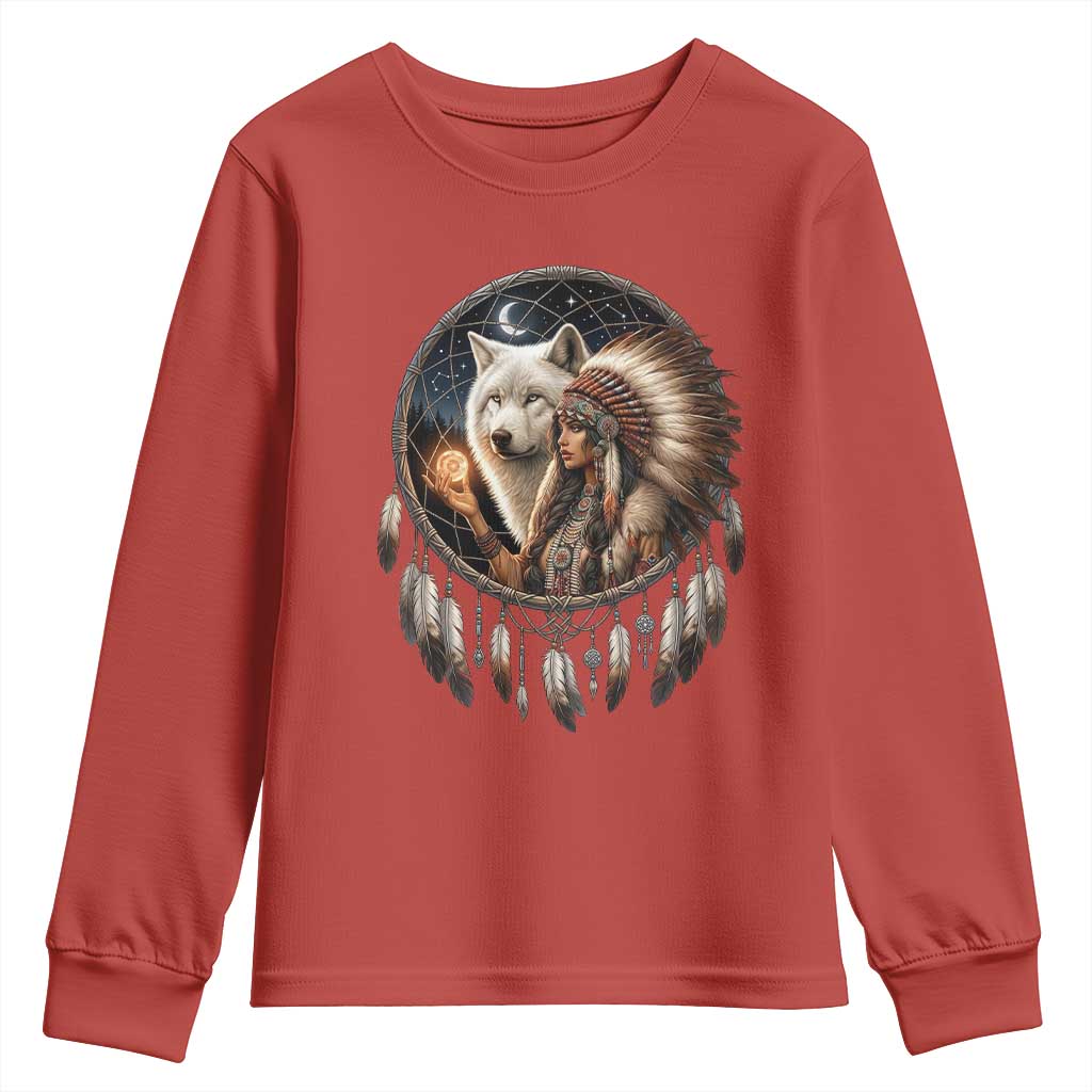 Vintage Native American Woman With White Wolf Graphic Youth Sweatshirt TS12 Red Print Your Wear