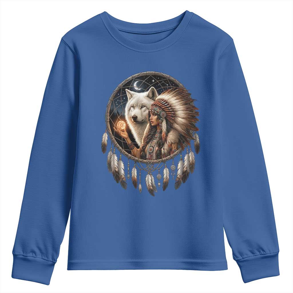 Vintage Native American Woman With White Wolf Graphic Youth Sweatshirt TS12 Royal Blue Print Your Wear