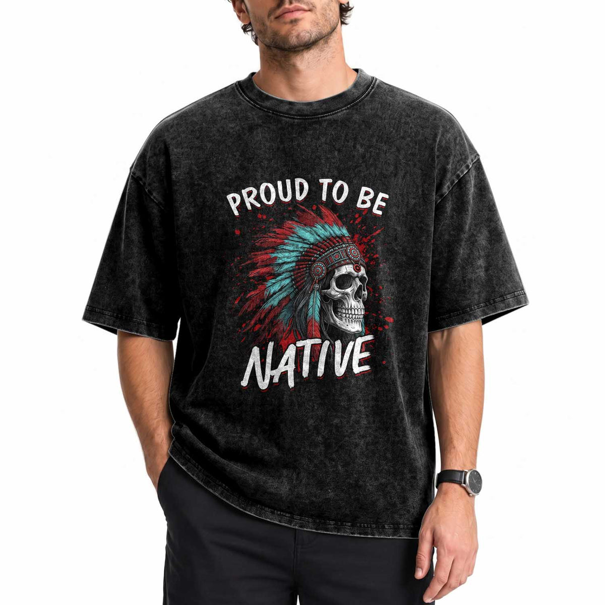 Proud To Be Native Washed Cotton T-Shirt Native American Skull Headdress Graphic