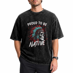 Proud To Be Native Washed Cotton T-Shirt Native American Skull Headdress Graphic