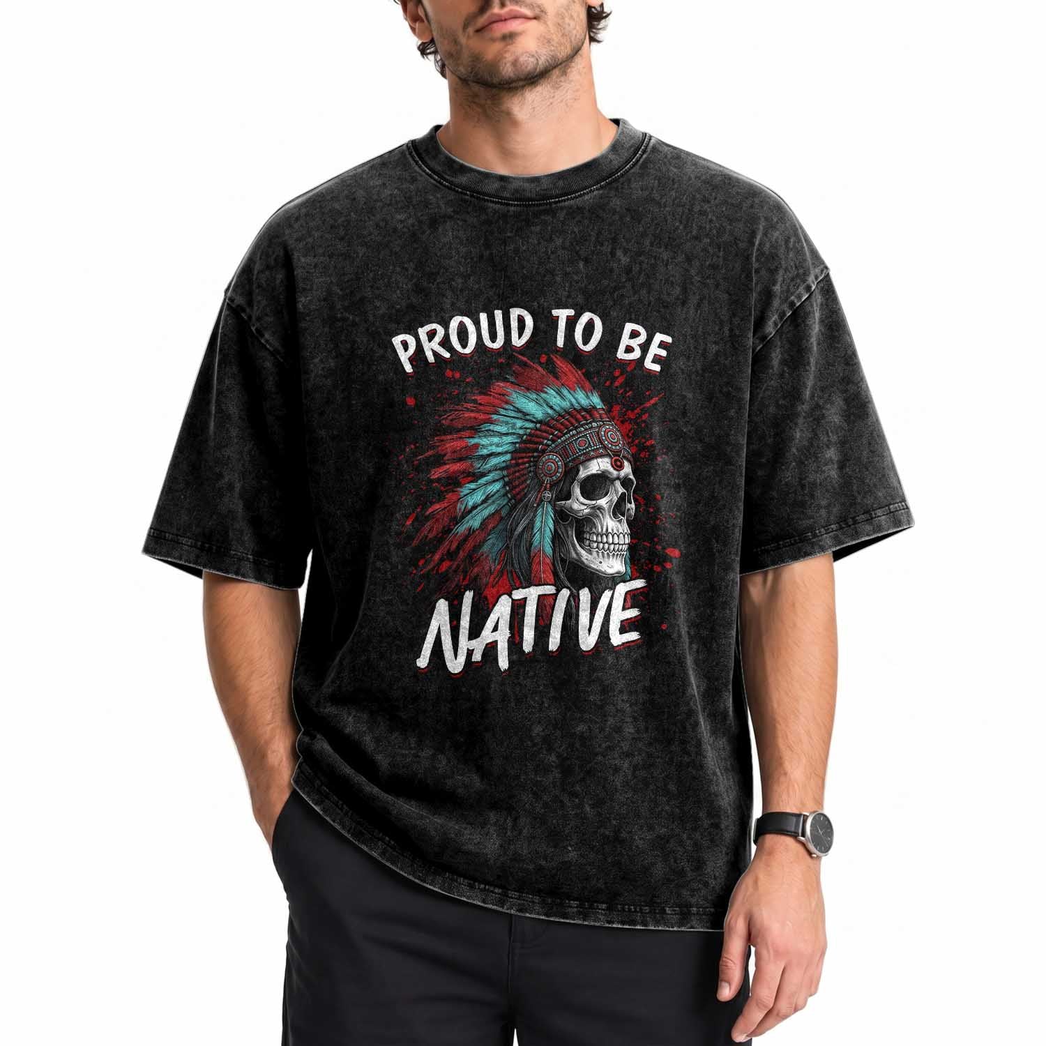 Proud To Be Native Washed Cotton T-Shirt Native American Skull Headdress Graphic