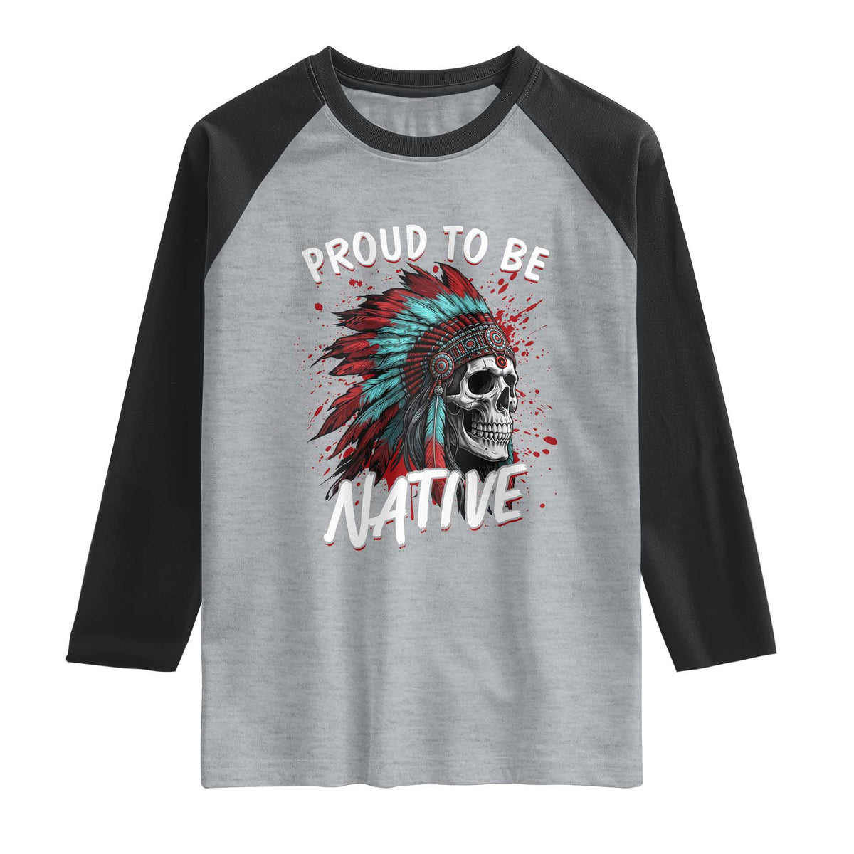 Proud To Be Native Raglan Shirt Native American Skull Headdress Graphic TS12 Heather Gray Black Print Your Wear