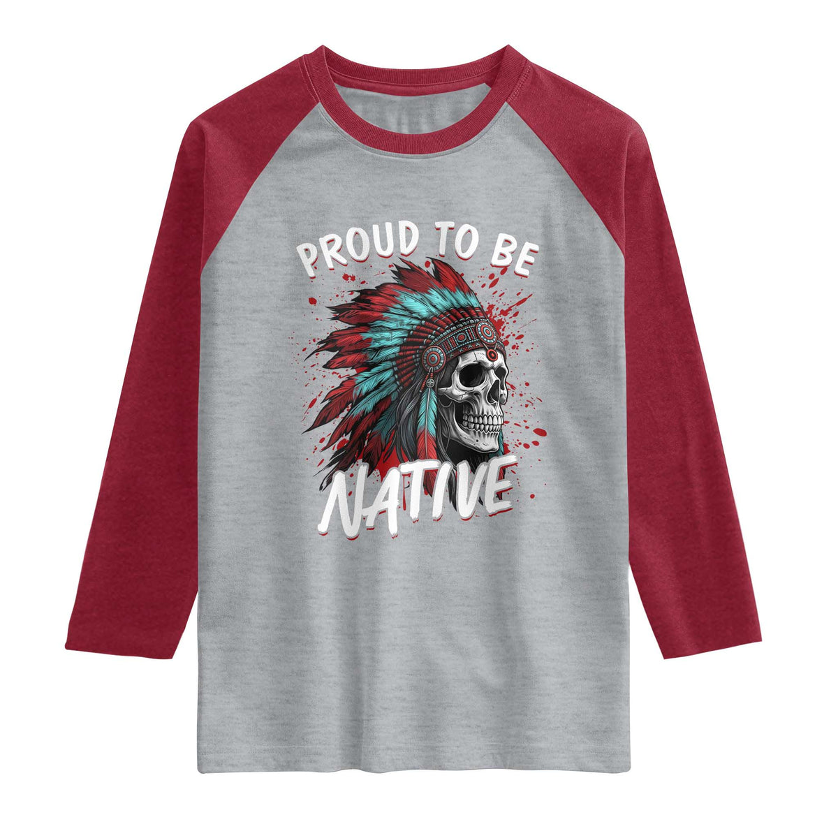 Proud To Be Native Raglan Shirt Native American Skull Headdress Graphic TS12 Heather Gray Heather Red Print Your Wear