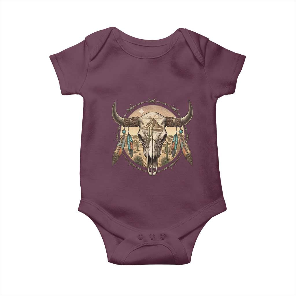 Southwestern Desert Bull Skull Baby Onesie Rustic Western Feather Emblem TS12 Maroon Print Your Wear