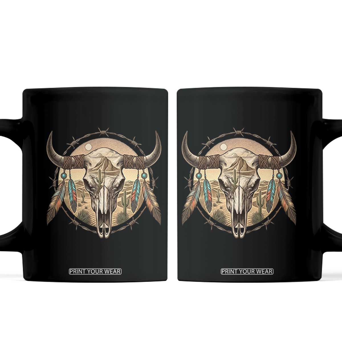 Southwestern Desert Bull Skull Coffee Mug Rustic Western Feather Emblem TS12 Black Print Your Wear