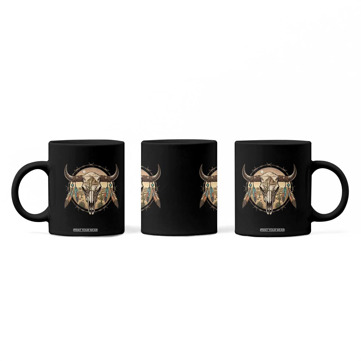Southwestern Desert Bull Skull Coffee Mug Rustic Western Feather Emblem TS12 Print Your Wear