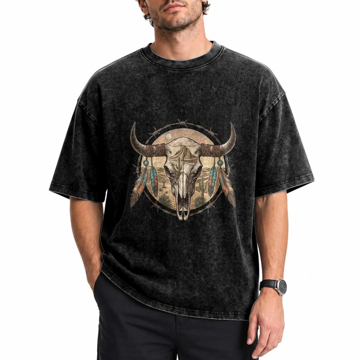 Southwestern Desert Bull Skull Washed Cotton T-Shirt Rustic Western Feather Emblem