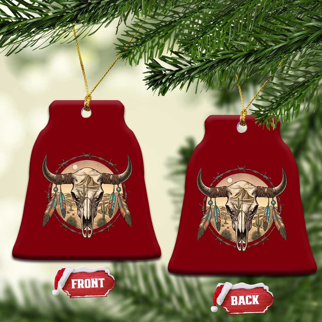 Southwestern Desert Bull Skull Ceramic Ornament Rustic Western Feather Emblem TS12 Print Your Wear