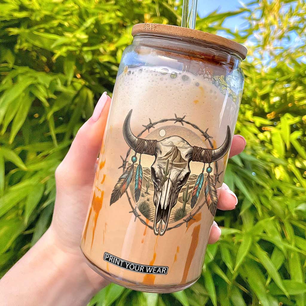 Southwestern Desert Bull Skull Glass Can Rustic Western Feather Emblem TS12 Black Print Your Wear