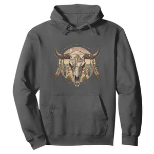 Southwestern Desert Bull Skull Hoodie Rustic Western Feather Emblem TS12 Dark Heather Print Your Wear