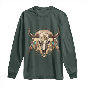 Southwestern Desert Bull Skull Long Sleeve Shirt Rustic Western Feather Emblem TS12 Dark Forest Green Print Your Wear