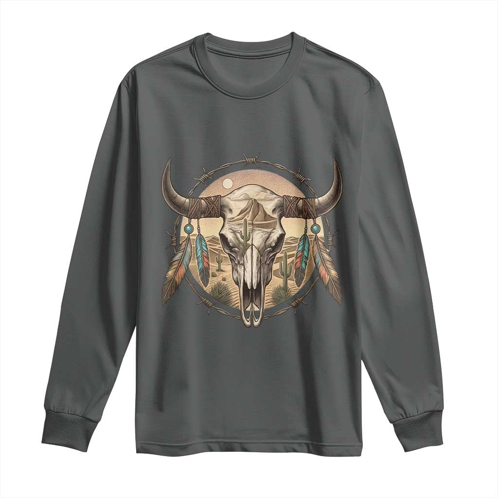 Southwestern Desert Bull Skull Long Sleeve Shirt Rustic Western Feather Emblem TS12 Dark Heather Print Your Wear