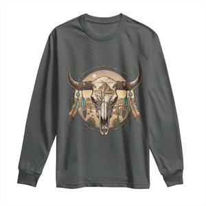 Southwestern Desert Bull Skull Long Sleeve Shirt Rustic Western Feather Emblem TS12 Dark Heather Print Your Wear