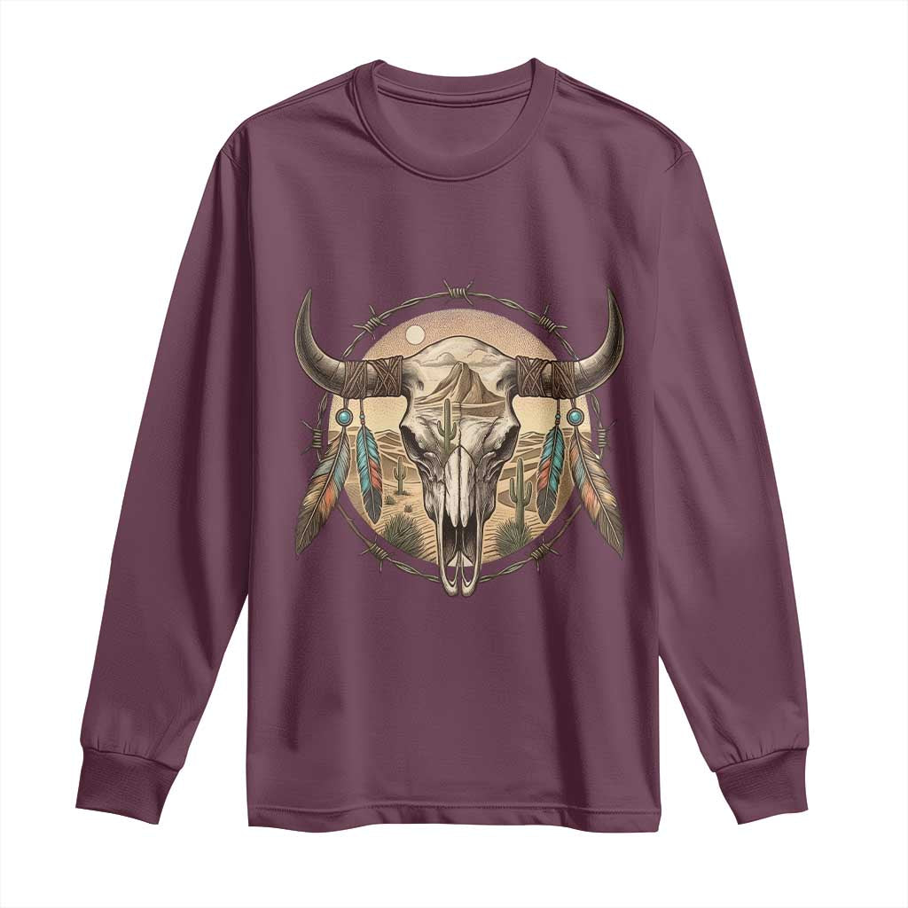 Southwestern Desert Bull Skull Long Sleeve Shirt Rustic Western Feather Emblem TS12 Maroon Print Your Wear