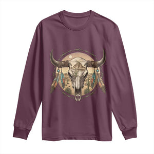 Southwestern Desert Bull Skull Long Sleeve Shirt Rustic Western Feather Emblem TS12 Maroon Print Your Wear