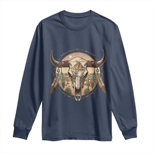 Southwestern Desert Bull Skull Long Sleeve Shirt Rustic Western Feather Emblem TS12 Navy Print Your Wear