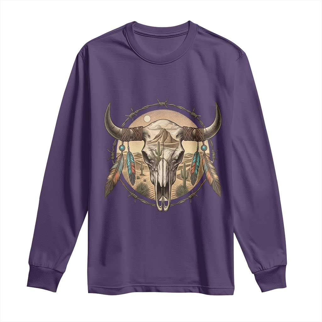 Southwestern Desert Bull Skull Long Sleeve Shirt Rustic Western Feather Emblem TS12 Purple Print Your Wear