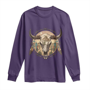Southwestern Desert Bull Skull Long Sleeve Shirt Rustic Western Feather Emblem TS12 Purple Print Your Wear