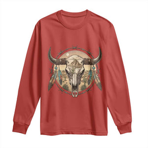 Southwestern Desert Bull Skull Long Sleeve Shirt Rustic Western Feather Emblem TS12 Red Print Your Wear