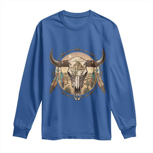 Southwestern Desert Bull Skull Long Sleeve Shirt Rustic Western Feather Emblem TS12 Royal Blue Print Your Wear