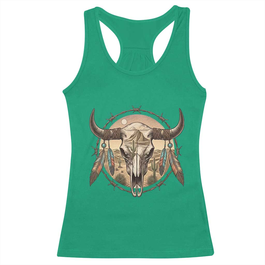 Southwestern Desert Bull Skull Racerback Tank Top Rustic Western Feather Emblem TS12 Irish Green Print Your Wear