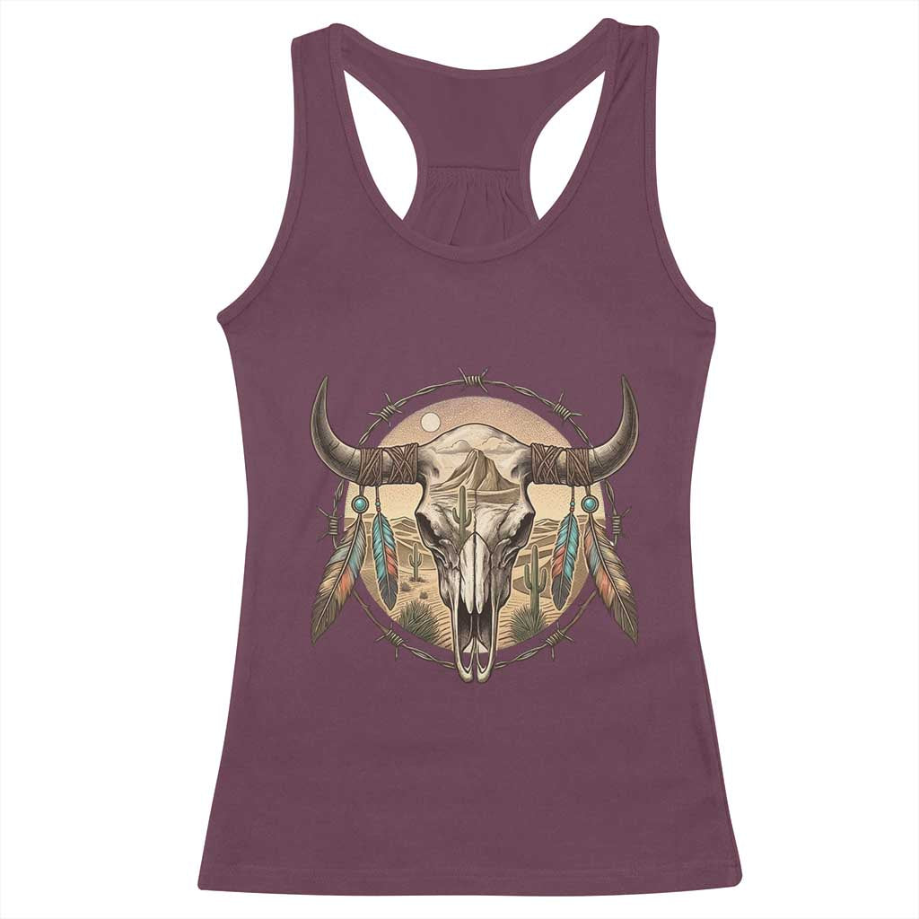Southwestern Desert Bull Skull Racerback Tank Top Rustic Western Feather Emblem TS12 Maroon Print Your Wear