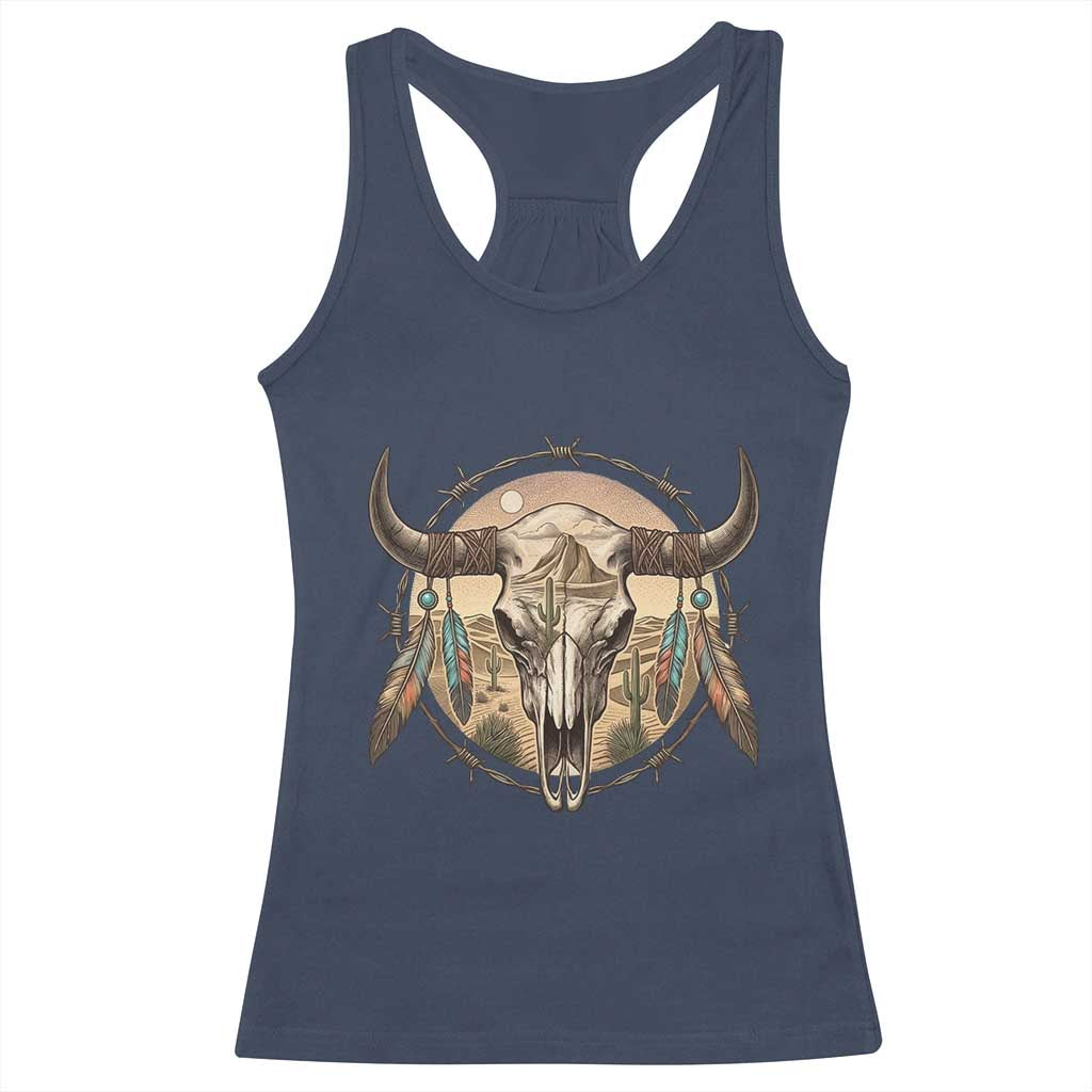 Southwestern Desert Bull Skull Racerback Tank Top Rustic Western Feather Emblem TS12 Navy Print Your Wear
