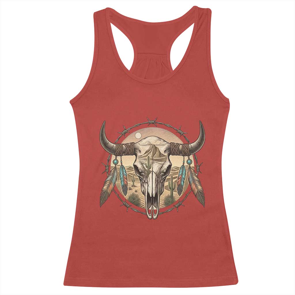 Southwestern Desert Bull Skull Racerback Tank Top Rustic Western Feather Emblem TS12 Red Print Your Wear
