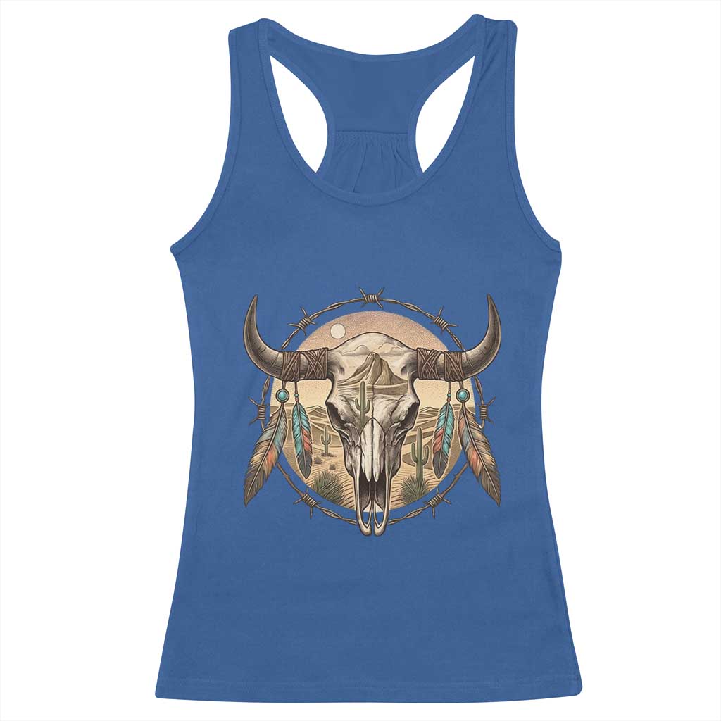 Southwestern Desert Bull Skull Racerback Tank Top Rustic Western Feather Emblem TS12 Royal Blue Print Your Wear