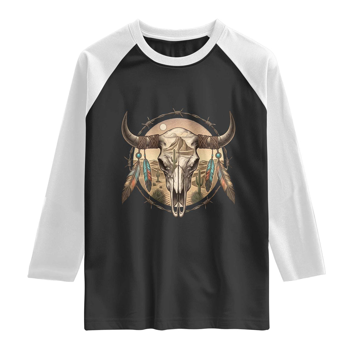 Southwestern Desert Bull Skull Raglan Shirt Rustic Western Feather Emblem TS12 Black White Print Your Wear