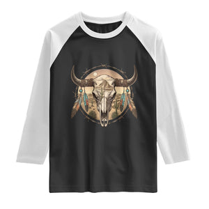 Southwestern Desert Bull Skull Raglan Shirt Rustic Western Feather Emblem TS12 Black White Print Your Wear