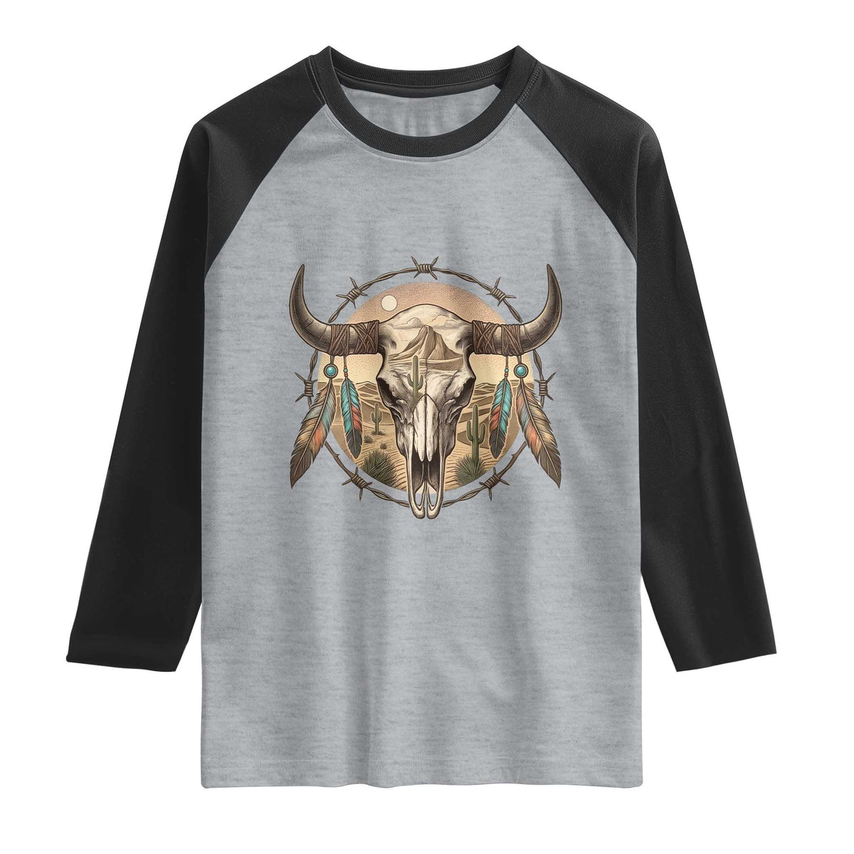 Southwestern Desert Bull Skull Raglan Shirt Rustic Western Feather Emblem TS12 Heather Gray Black Print Your Wear