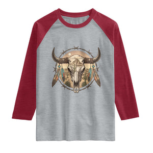 Southwestern Desert Bull Skull Raglan Shirt Rustic Western Feather Emblem TS12 Heather Gray Heather Red Print Your Wear
