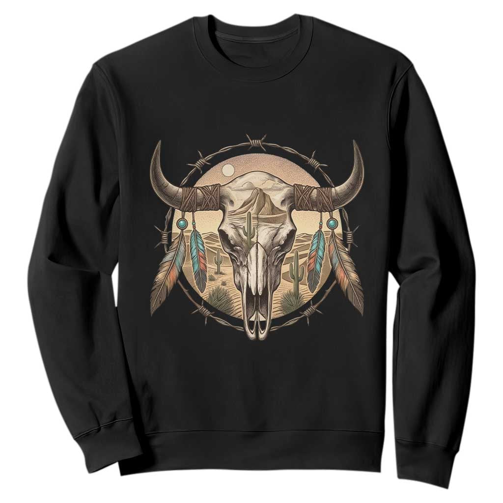Southwestern Desert Bull Skull Sweatshirt Rustic Western Feather Emblem TS12 Black Print Your Wear