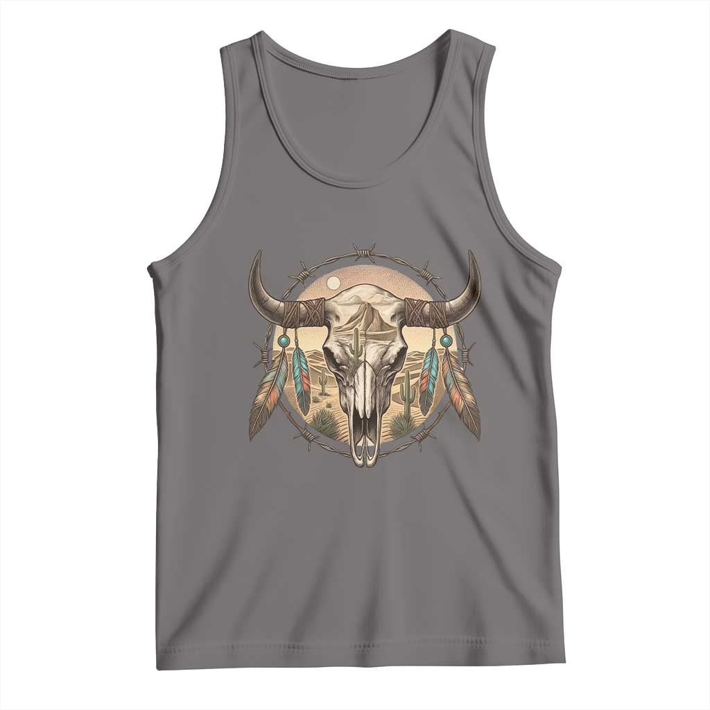 Southwestern Desert Bull Skull Tank Top Rustic Western Feather Emblem TS12 Deep Heather Print Your Wear