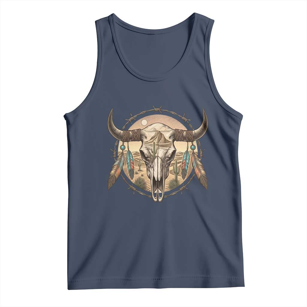 Southwestern Desert Bull Skull Tank Top Rustic Western Feather Emblem TS12 Navy Print Your Wear