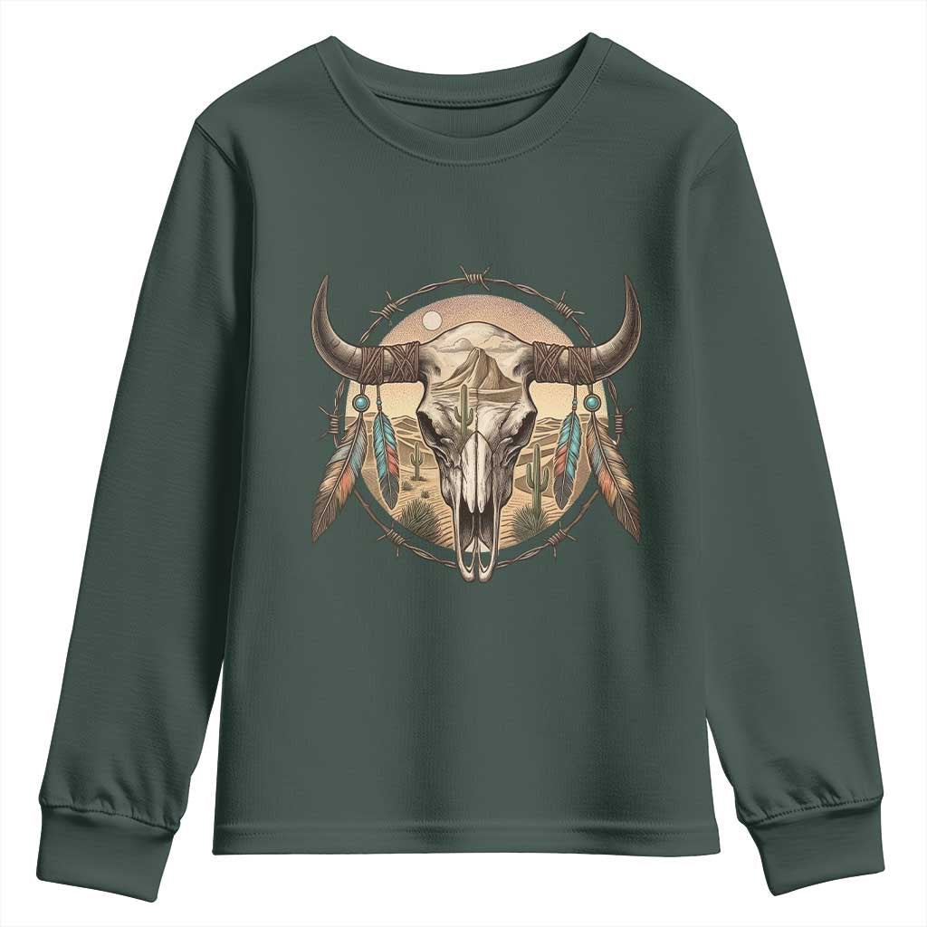 Southwestern Desert Bull Skull Youth Sweatshirt Rustic Western Feather Emblem TS12 Dark Forest Green Print Your Wear