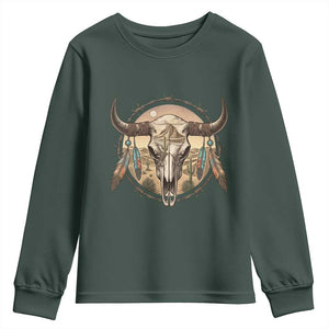 Southwestern Desert Bull Skull Youth Sweatshirt Rustic Western Feather Emblem TS12 Dark Forest Green Print Your Wear