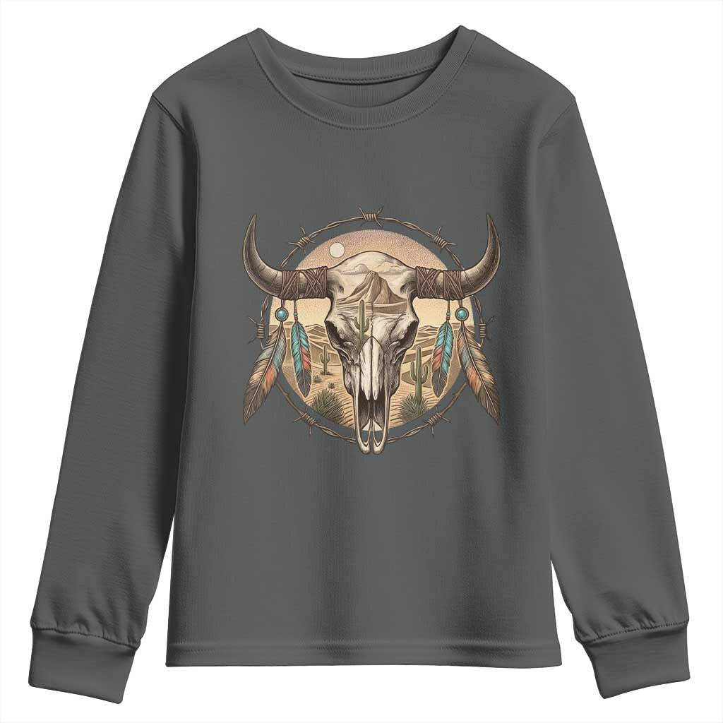 Southwestern Desert Bull Skull Youth Sweatshirt Rustic Western Feather Emblem TS12 Dark Heather Print Your Wear