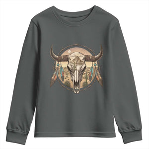Southwestern Desert Bull Skull Youth Sweatshirt Rustic Western Feather Emblem TS12 Dark Heather Print Your Wear