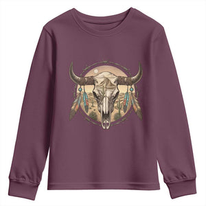 Southwestern Desert Bull Skull Youth Sweatshirt Rustic Western Feather Emblem TS12 Maroon Print Your Wear