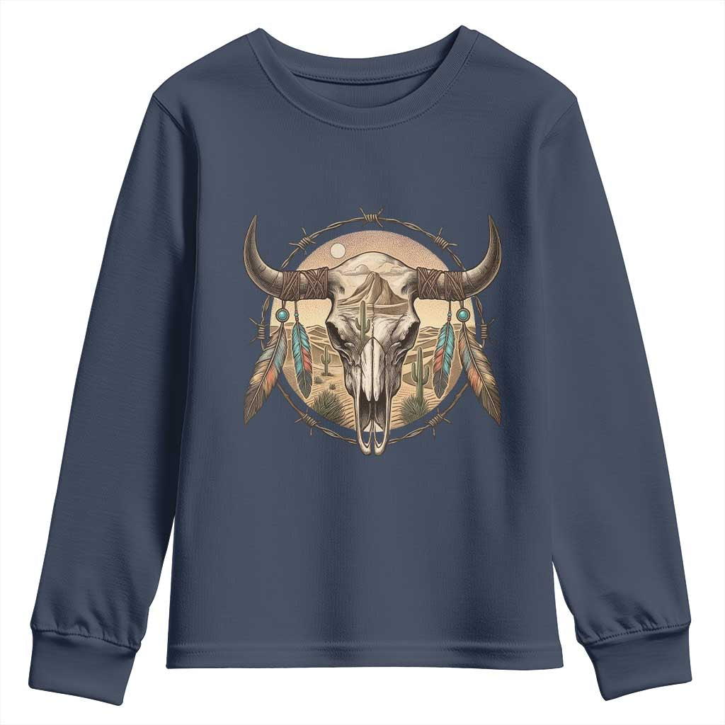 Southwestern Desert Bull Skull Youth Sweatshirt Rustic Western Feather Emblem TS12 Navy Print Your Wear
