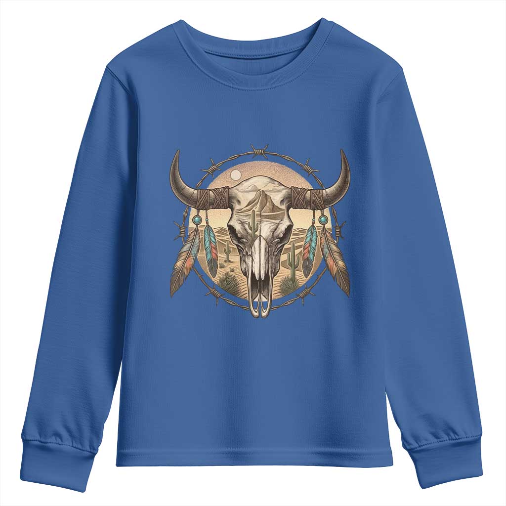 Southwestern Desert Bull Skull Youth Sweatshirt Rustic Western Feather Emblem TS12 Royal Blue Print Your Wear