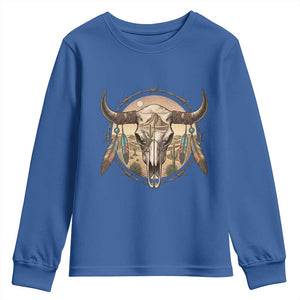 Southwestern Desert Bull Skull Youth Sweatshirt Rustic Western Feather Emblem TS12 Royal Blue Print Your Wear